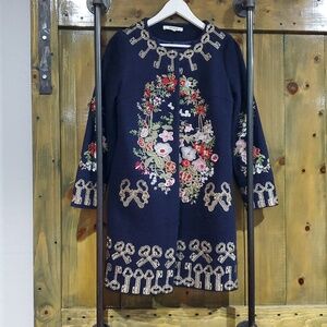Blue Ornate Floral Embroidered Keys  Wool Blend Coat, Over Coat